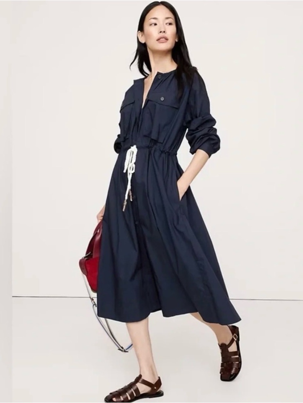 NWT Banana Republic Cotton Poplin Pocket Midi Navy Shirt Dress Sz M (#824602)
